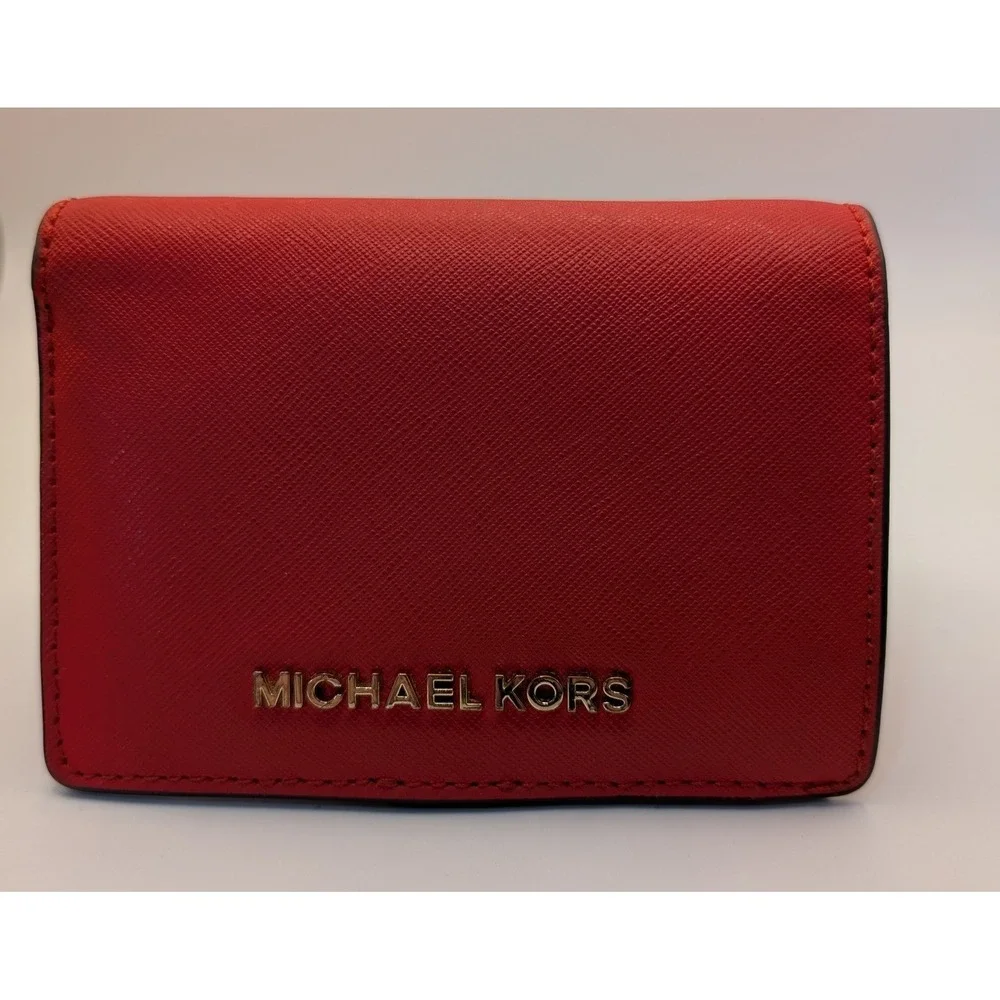 Michael‎ Kors Red Saffiano Leather Trifold Wallet Card Holder Coin Purse